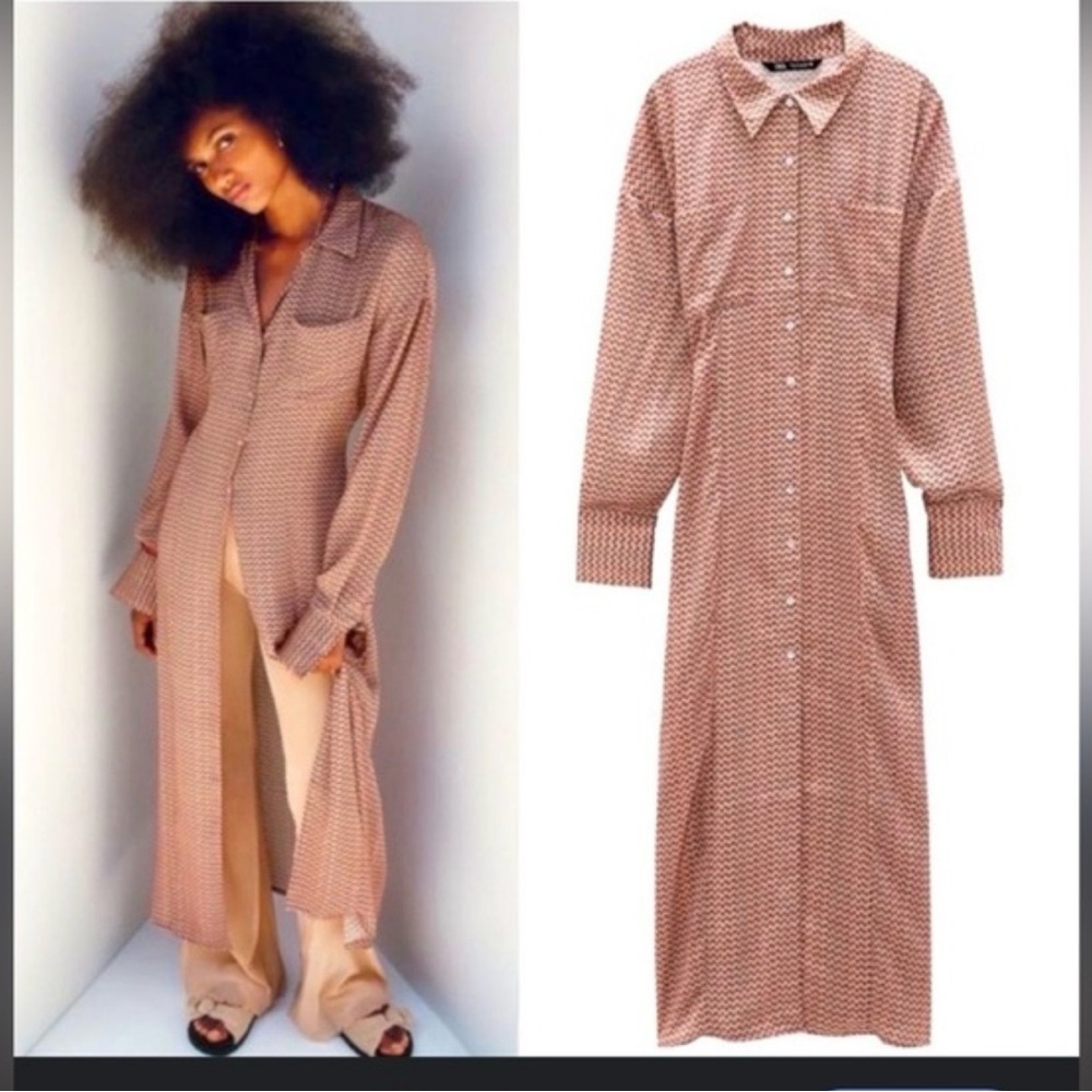 Zara Pink Shirt Dress Button Front Long Sleeves Print M